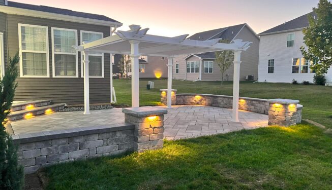 Patio Pergala Retaining Wall Lighting On - BLC Yardworks Yorkville, IL