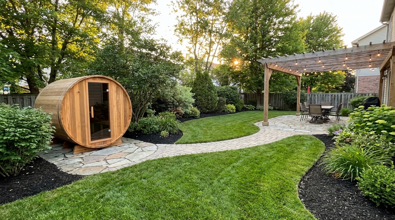 BLC Yardworks outdoor sauna integrated with backyard living space