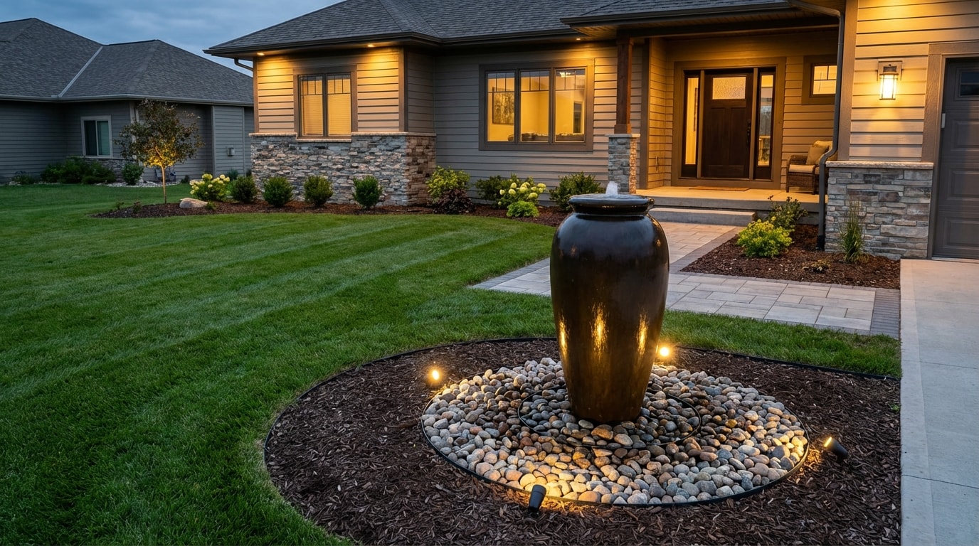 BLC Yardworks pondless urn fountain at front entry