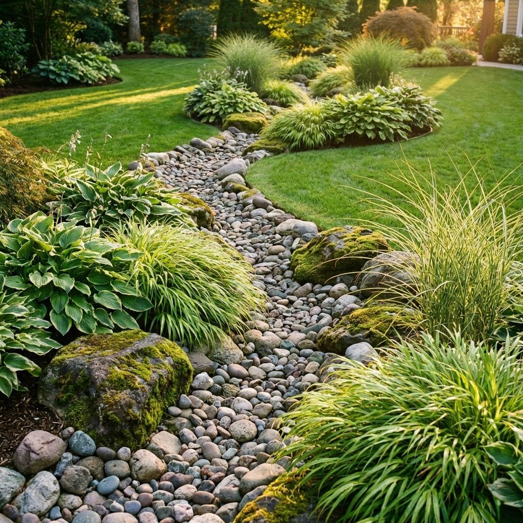BLC Yardworks dry creek bed drainage solution with natural stone