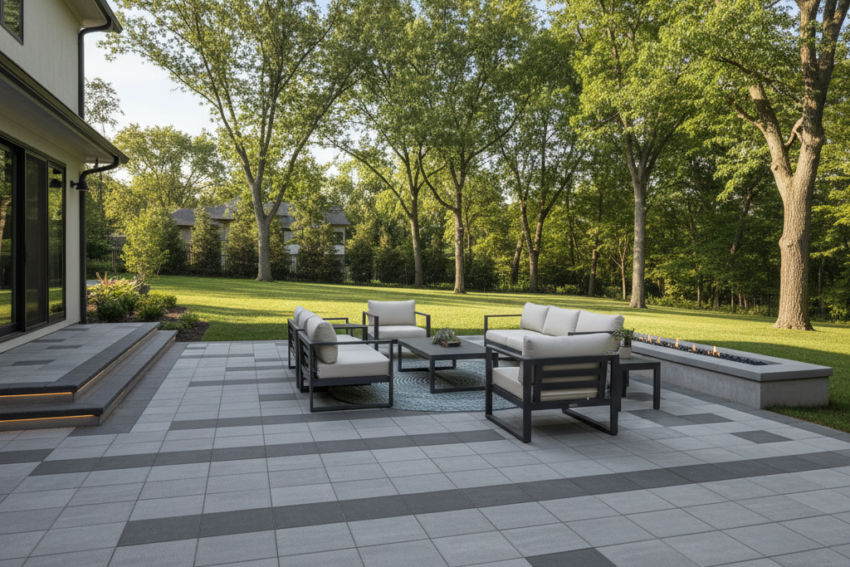Modern Unilock paver patio with seating wall