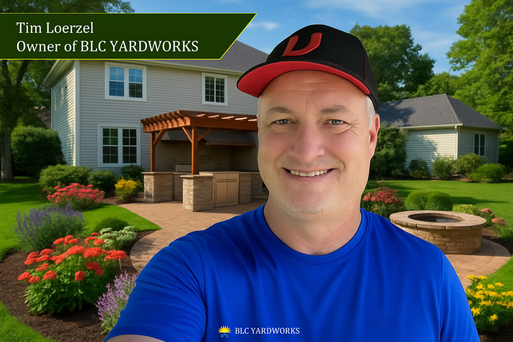Tim Loerzel, Owner of BLC Yardworks, in front of a finished BLC paver patio with pergola and fire pit